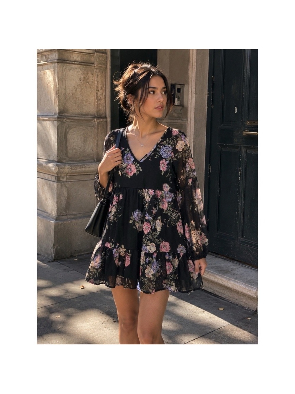 Rewind Black Floral V-Neck Tiered Tunic with Pink Blossoms